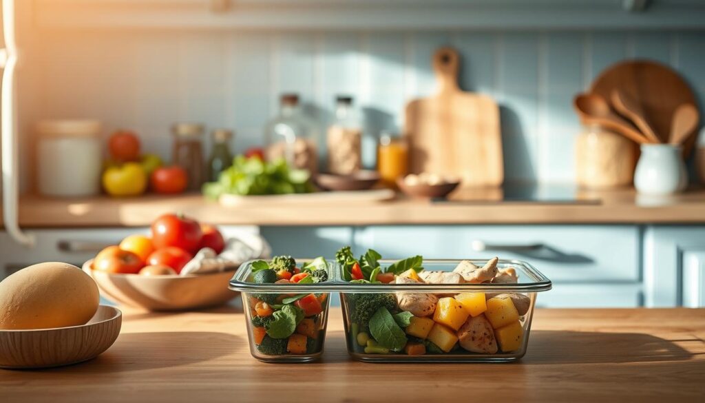 A cozy, minimal kitchen with light blue accents and warm wooden textures. On the countertop, a selection of budget-friendly ingredients - fresh produce, whole grains, legumes, and simple condiments. Next to them, a glass meal prep container filled with a colorful, balanced meal - sautéed vegetables, roasted potatoes, and a protein-rich component like chicken or tofu. The scene is bathed in soft, natural lighting, casting gentle shadows and highlighting the simple, nourishing nature of the budget-friendly meal prep. The overall mood is one of simplicity, affordability, and wellness.