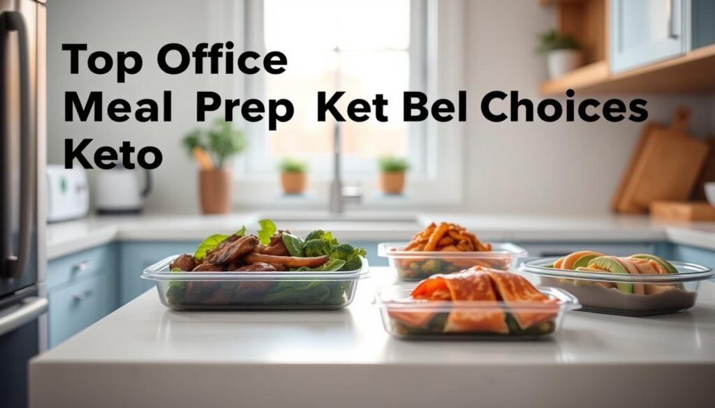 A cozy, minimal kitchen with light blue accents and warm wooden textures. On the countertop, an assortment of keto-friendly office meals, carefully prepared and arranged. A grilled chicken Caesar salad, a hearty beef and broccoli stir-fry, and a creamy avocado and bacon-wrapped salmon dish, all neatly packed in reusable containers. Subtle lighting from a large window casts a soft, natural glow, creating a calming and inviting atmosphere. The scene conveys a sense of organization, mindfulness, and a commitment to a healthy, low-carb lifestyle, perfectly capturing the essence of 