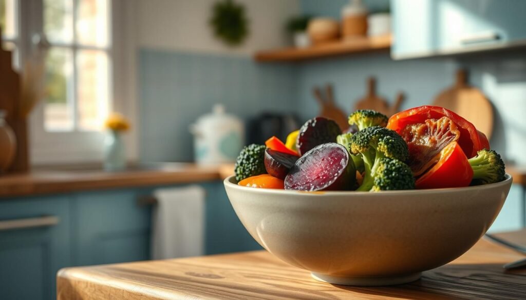 A cozy, minimal kitchen with light blue accents and wooden textures serves as the backdrop for a visually appealing Buddha bowl. Freshly roasted vegetables, including vibrant bell peppers, earthy beets, and crisp broccoli florets, are artfully arranged in the bowl, creating a harmonious blend of colors and textures. The lighting is soft and natural, casting a warm glow over the scene. The vegetables are perfectly cooked, with a slight caramelization that adds depth and flavor. The bowl is positioned on a wooden table, allowing the natural tones to complement the vibrant produce. The overall atmosphere is one of simplicity, nourishment, and mindfulness, inviting the viewer to savor the healthy and balanced meal.