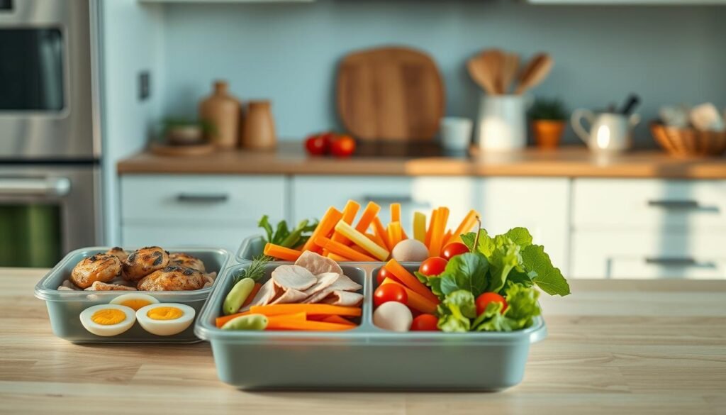 A cozy, minimal kitchen with light blue accents and wooden textures sets the scene for a visually appealing protein-packed bento box display. In the foreground, various compartments showcase a variety of protein-rich ingredients, such as grilled chicken, hard-boiled eggs, edamame, and sliced deli meat. The middle ground features a selection of fresh vegetables, including carrot sticks, cherry tomatoes, and crisp greens, arranged in a visually pleasing manner. In the background, a clean, uncluttered countertop with a subtle, natural lighting complements the overall tranquil atmosphere, inviting the viewer to envision a nourishing, on-the-go lunch option.