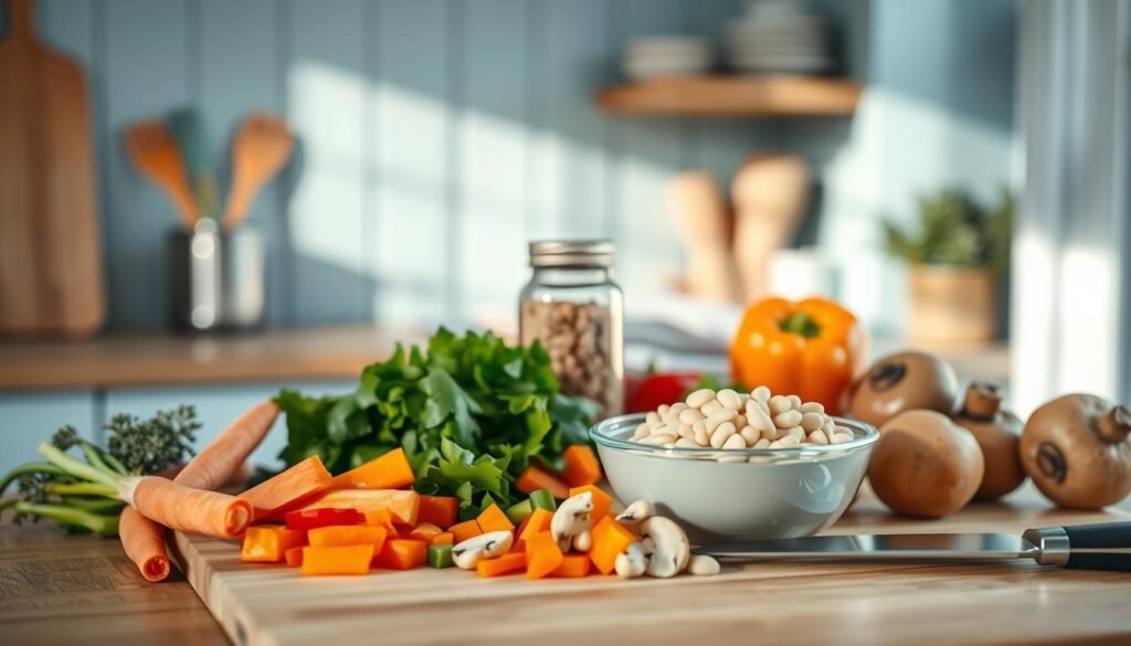 A cozy, minimal kitchen with light blue accents and wooden textures sets the stage for a carefully arranged still life. In the foreground, a collection of freshly chopped vegetables - crisp carrots, vibrant bell peppers, and earthy mushrooms - sit alongside a bowl of creamy white beans. A cutting board and knife suggest recent culinary preparation. In the middle ground, a jar of aromatic herbs and a cookbook provide a sense of research and study. The background is softly illuminated, casting a warm glow over the scene and inviting the viewer to imagine the nourishing meal to come. This image captures the quiet dedication of a health-conscious cook, ready to share their expertise with picky eaters seeking satisfying, high-protein lunches.