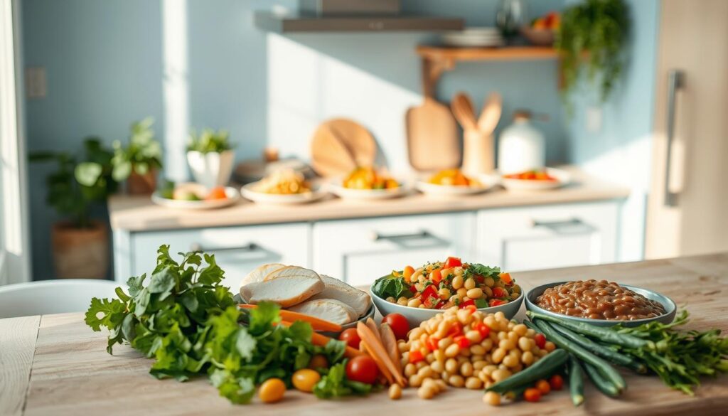 A cozy minimal kitchen with light blue accents and wooden textures sets the stage for a collection of creative high-protein lunch recipes. Artfully arranged in the foreground, a variety of nutritious ingredients shine - lean chicken, fresh greens, vibrant vegetables, and protein-rich legumes. The middle ground features a variety of beautifully plated, mouth-watering dishes, each one a testament to the chef's culinary prowess. The overall mood is one of calm, effortless sophistication, inviting the viewer to imagine the delicious and satisfying meals that can be crafted with these simple, wholesome components.