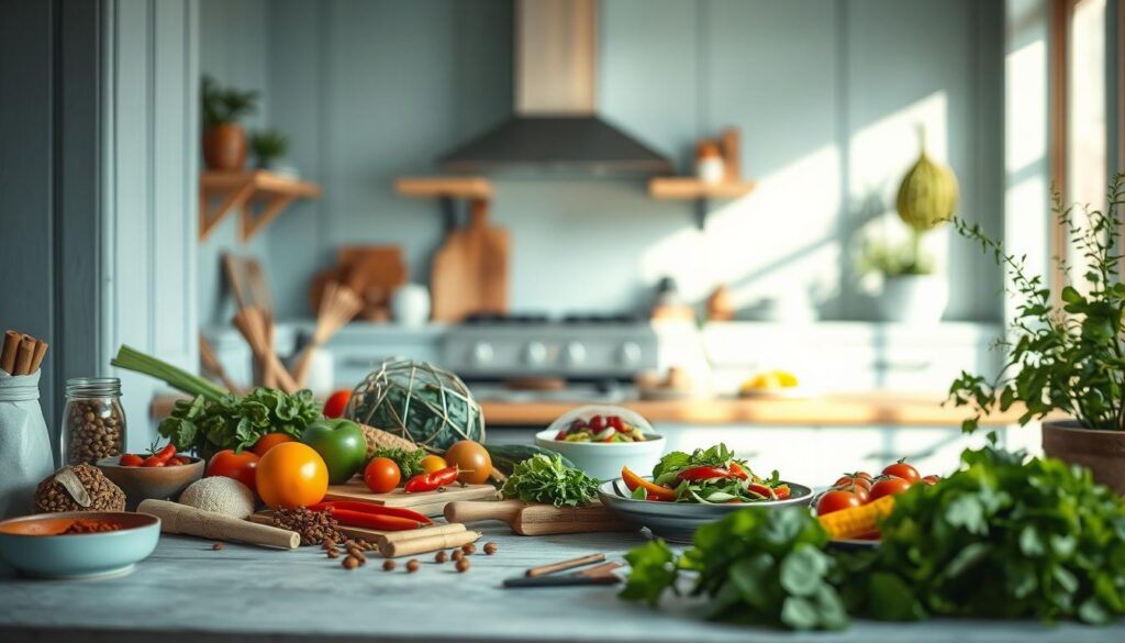 A cozy, minimal kitchen with light blue accents and wooden textures sets the stage for a mouthwatering display of global lunch inspirations. In the foreground, an assortment of vibrant ingredients - fragrant spices, crisp vegetables, and aromatic herbs - await transformation into culinary delights. The middle ground showcases a variety of globally-inspired dishes, each a harmonious blend of flavors and textures, while the background offers a glimpse of the kitchen's clean, uncluttered lines, creating a calming and inviting atmosphere. Soft, diffused lighting casts a warm glow, accentuating the natural beauty of the scene and inviting the viewer to explore the endless possibilities of customizing their own office lunch with these global flavor inspirations.