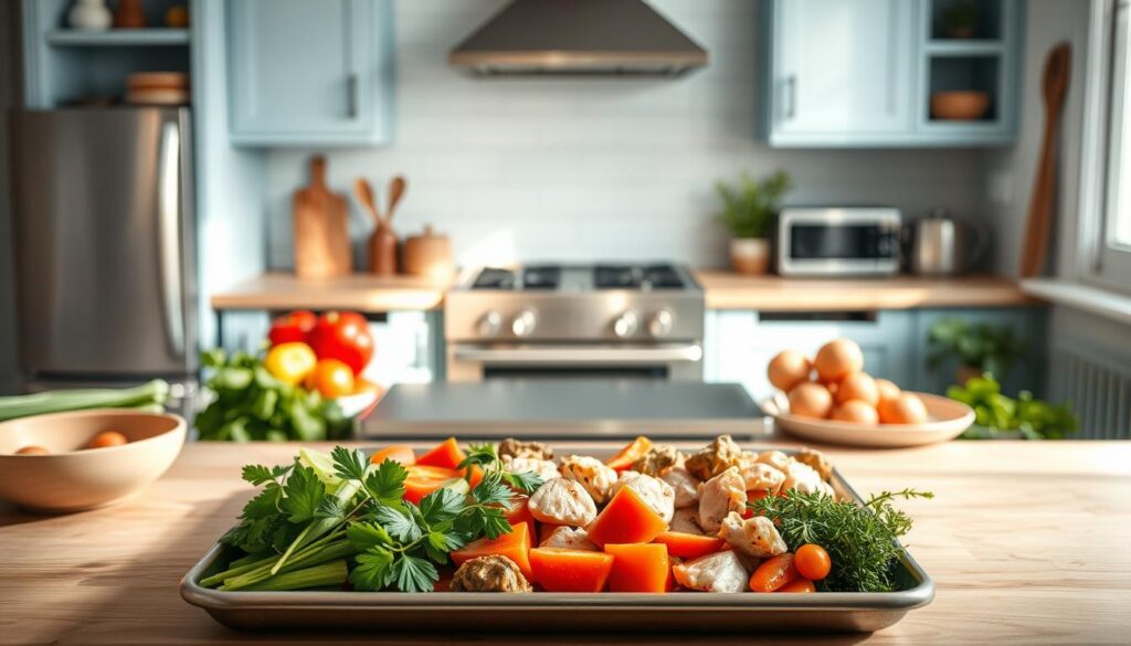 A cozy, minimal kitchen with light blue accents and wooden textures sets the stage for a step-by-step sheet pan preparation. In the foreground, an array of fresh ingredients - crisp vegetables, succulent proteins, and aromatic herbs - are neatly arranged, ready to be transformed into a flavorful sheet pan meal. The middle ground features a sturdy sheet pan, its surface gleaming under the warm, natural lighting that filters in through the windows. In the background, the clean, uncluttered countertops and simple, functional appliances create a calming and focused atmosphere, allowing the preparation process to take center stage. The overall mood is one of mindful, intentional cooking, where the umami flavors will be coaxed out without the need for artificial additives.