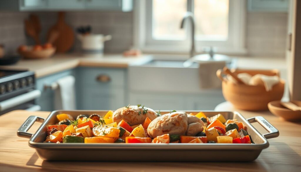 A cozy, minimal kitchen with light blue accents and wooden textures showcases an array of time-saving one-pan meals. A sheet pan filled with roasted vegetables, tender chicken, and aromatic herbs takes center stage, surrounded by a few essential cooking tools. The warm, golden lighting casts a soft glow, highlighting the simplicity and convenience of this all-in-one meal preparation. The scene exudes a sense of effortless culinary mastery, inspiring the viewer to embrace the benefits of sheet pan dinners.