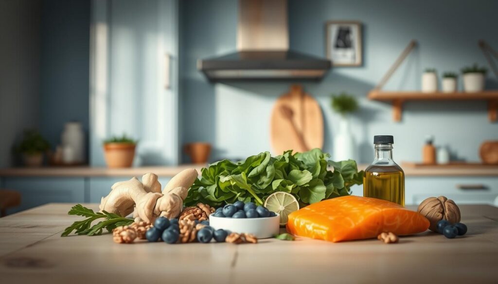 A cozy, minimal kitchen with light blue accents and wooden textures. At the center, an assortment of key anti-inflammatory foods is arranged artfully - fresh ginger, turmeric, leafy greens, blueberries, salmon, walnuts, and extra virgin olive oil. The lighting is soft and diffused, creating a warm, inviting atmosphere. The camera angle is slightly elevated, allowing the viewer to appreciate the vibrant colors and textures of the ingredients. The overall composition is clean and balanced, highlighting the nutritious, wellness-focused nature of these anti-inflammatory superstars.