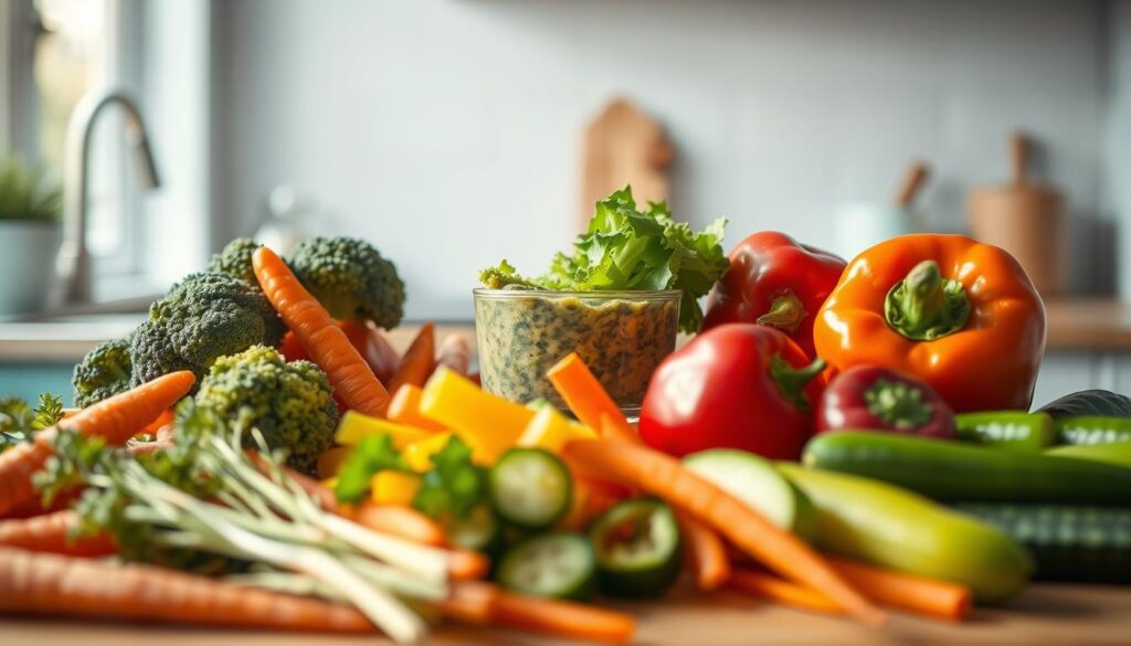 A cozy, minimal kitchen with light blue accents and wooden textures. In the foreground, a variety of crisp, freshly harvested vegetables - carrots, broccoli, bell peppers, and cucumbers - arranged in an appealing still life. The produce is illuminated by warm, natural lighting, highlighting their vibrant colors and firm, crunchy textures. In the middle ground, a glass container filled with a hydrating vegetable-based dressing or dip, beckoning the viewer to indulge in the satisfying crunch. The background features a clean, uncluttered workspace, emphasizing the benefits of incorporating these nutrient-dense ingredients into a cold, portable lunch. The overall mood is one of simplicity, wholesomeness, and the rejuvenating power of eating a colorful array of fresh vegetables.