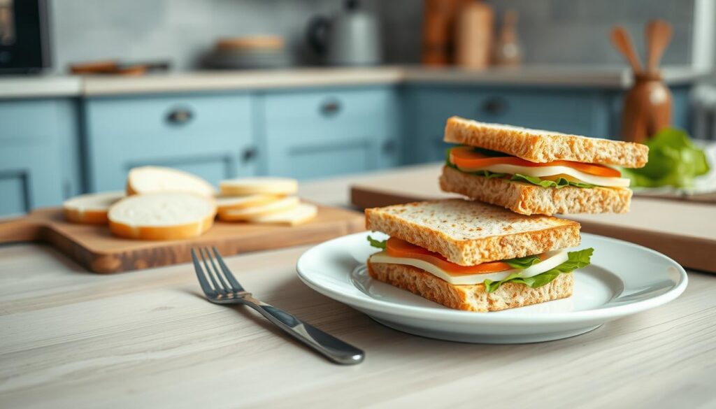 A cozy, minimal kitchen with light blue accents and wooden textures. In the foreground, a pristine white plate holds freshly made crisp sandwiches, their edges perfectly crisped and golden. A knife and fork rest nearby, complementing the clean, inviting composition. In the middle ground, a cutting board showcases the process - slices of bread, crisp lettuce, and neatly arranged fillings. The background is softly blurred, allowing the meal to take center stage, subtly lit by warm, diffused lighting that accentuates the textures and colors. This image captures the essence of "cold lunch recipes freshness tricks" - a harmonious blend of simplicity, attention to detail, and an appetite-whetting presentation.