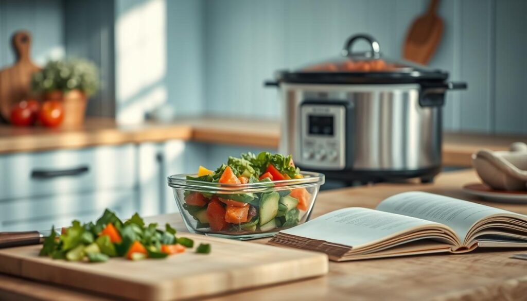 A cozy, minimal kitchen with light blue accents and wooden textures. In the foreground, a cutting board with freshly chopped vegetables, a glass container filled with a vibrant salad, and a slow cooker simmering a hearty stew. In the middle ground, an open cookbook rests on the counter, its pages revealing new recipes to try. The background is softly lit, casting a warm glow and suggesting the peaceful atmosphere of a well-organized meal prep session. The scene conveys a sense of accomplishment and the satisfaction of overcoming common batch cooking challenges, inspiring the viewer to approach their own meal planning with renewed determination.