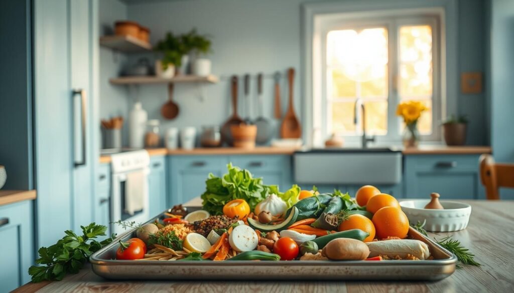A cozy, minimal kitchen with light blue accents and wooden textures. In the foreground, a sheet pan loaded with an array of global ingredients - fragrant spices, vibrant vegetables, and aromatic herbs. The middle ground showcases a diverse selection of cooking tools and utensils, hinting at the fusion of flavors about to unfold. In the background, a large window bathes the scene in warm, natural light, creating a welcoming ambiance. The overall atmosphere evokes a sense of culinary exploration, where the boundaries of traditional cuisine are playfully blended to inspire delicious, seasonal dinners.