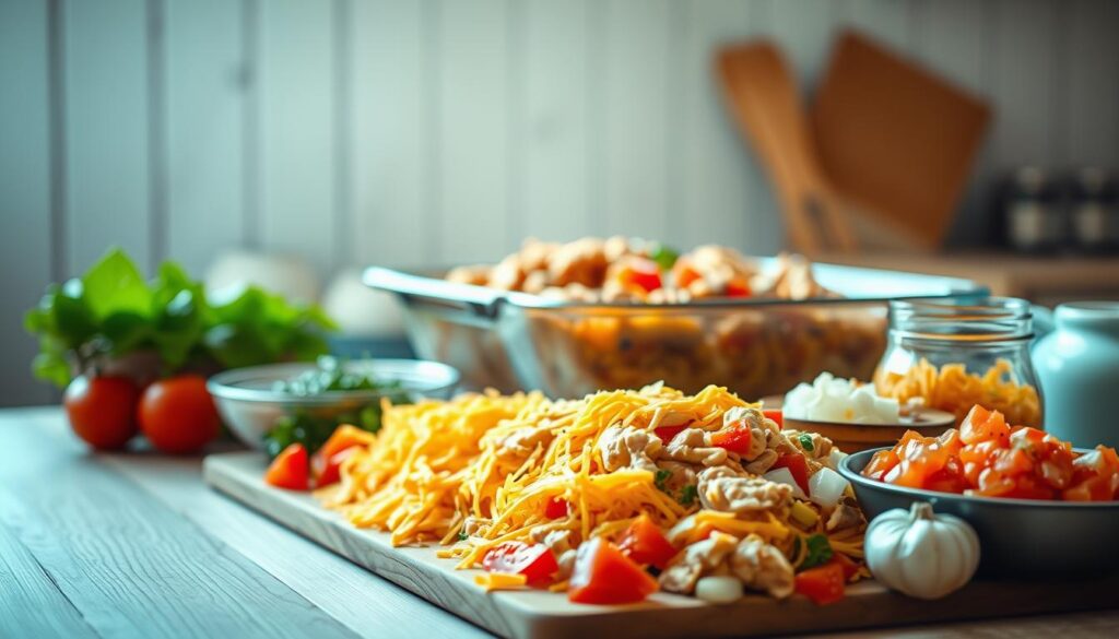 A cozy, minimal kitchen with light blue accents and wooden textures. In the foreground, an assortment of fresh ingredients for an enchilada casserole - corn tortillas, shredded chicken, grated cheddar cheese, diced tomatoes, chopped onions, and fragrant spices. The middle ground features a large baking dish, ready to be filled with the savory mixture. Soft, warm lighting bathes the scene, creating a comforting atmosphere. The background is clean and uncluttered, allowing the ingredients to take center stage, ready to elevate the casserole dish into a delicious family-style meal.