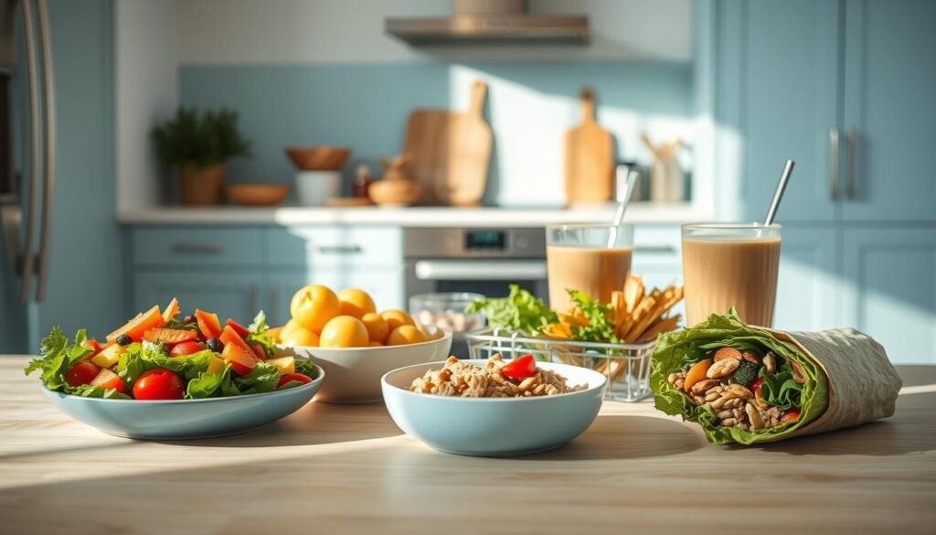 A cozy, minimal kitchen with light blue accents and wooden textures. In the foreground, an assortment of office-friendly meals - a vibrant salad, a hearty grain bowl, a crisp wrap, and a smoothie. The middle ground showcases various healthy ingredients like vegetables, fruits, nuts, and whole grains. In the background, a sleek, minimalist kitchen counter with a few carefully placed kitchen tools. Warm, natural lighting creates a welcoming atmosphere, inviting the viewer to envision a balanced, varied, and nourishing office meal.