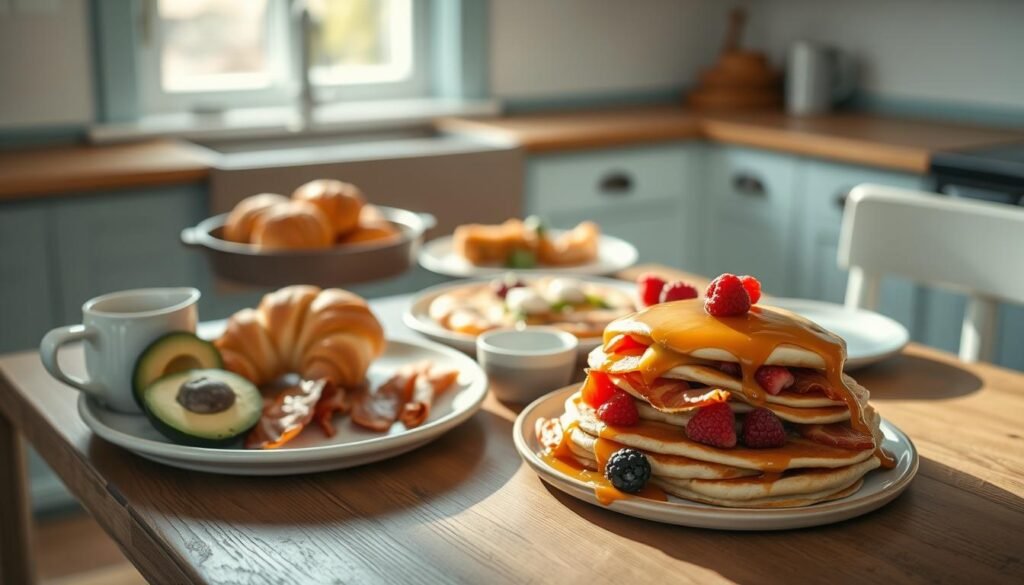 A cozy, minimal kitchen with light blue accents and wooden textures. On a rustic wooden table, an assortment of mouthwatering breakfast options - flaky croissants, savory quiche, and fluffy pancakes drizzled with maple syrup. Sliced avocado, crispy bacon, and fresh berries add pops of color and texture. The natural lighting from the window casts a warm, inviting glow, creating a sense of calm and comfort. No hands are visible, allowing the focus to remain on the delectable spread before the viewer.