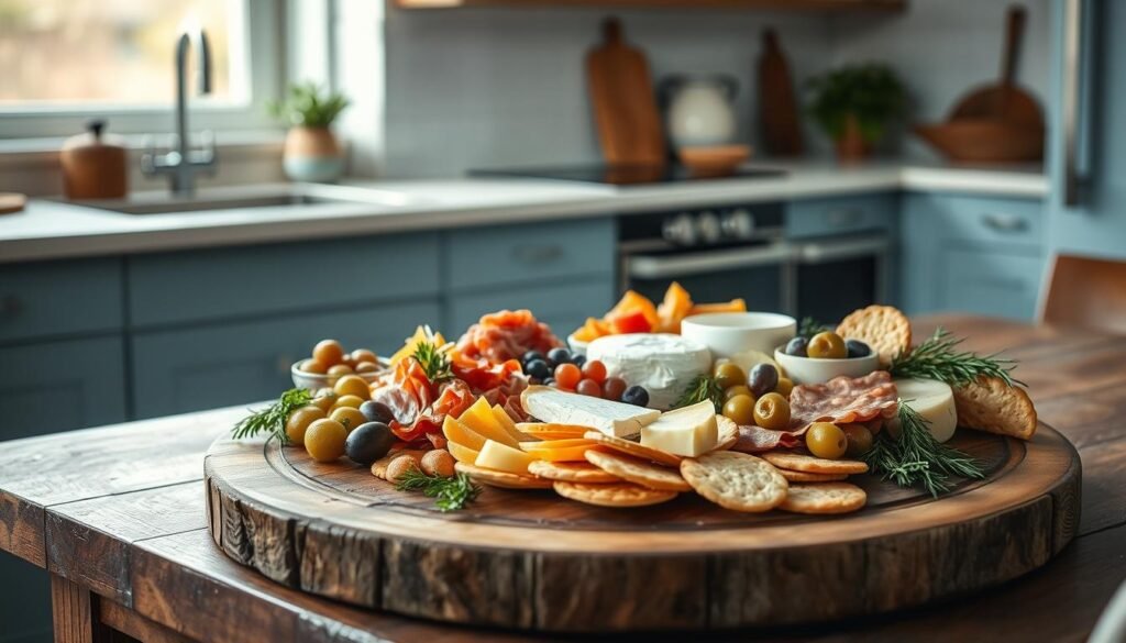 A cozy, minimal kitchen with light blue accents and wooden textures. On a rustic wooden table, an artfully arranged charcuterie board showcases a variety of gourmet meats, cheeses, olives, crackers, and fresh herbs. The soft, natural lighting casts a warm glow, highlighting the rich colors and textures of the delectable ingredients. The scene exudes a sense of effortless sophistication, inviting the viewer to imagine crafting their own innovative cold lunch recipes cheese plate ideas.