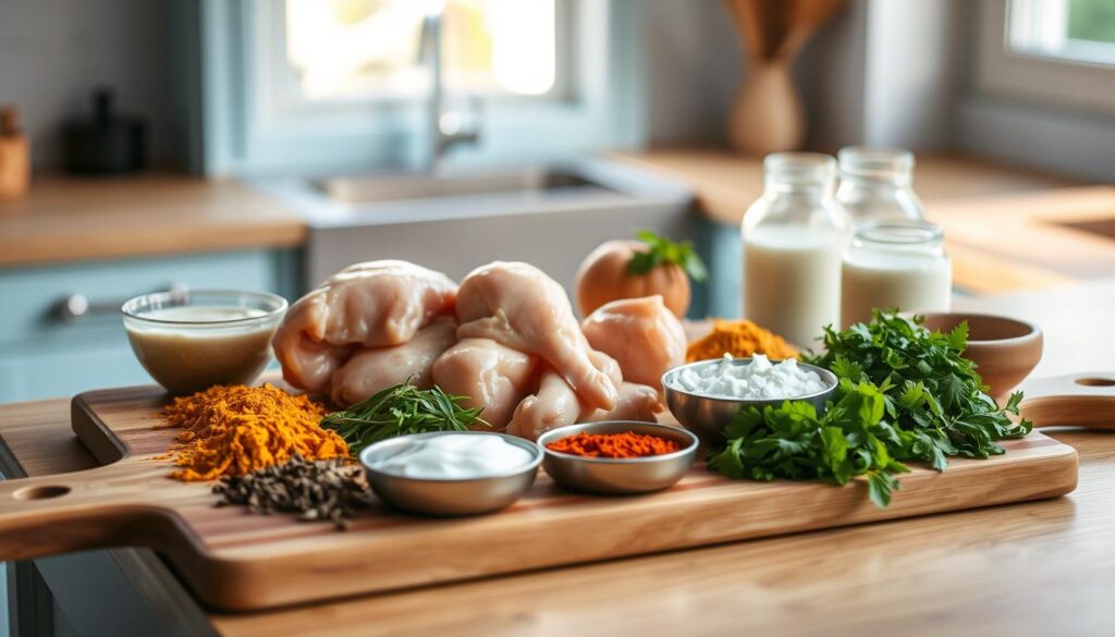 A cozy, minimal kitchen with light blue accents and wooden textures. On a wooden cutting board, a series of neatly organized ingredients for a chicken curry meal prep - juicy chicken thighs, aromatic spices like turmeric, cumin, and coriander, creamy coconut milk, and fresh herbs. The mise en place is thoughtfully arranged, suggesting a step-by-step process to create a flavorful, homemade curry dish. Soft, natural lighting illuminates the scene, casting gentle shadows and highlighting the vibrant colors of the ingredients. The overall atmosphere is one of calm, mindful preparation, inviting the viewer to imagine the satisfying, aromatic meal that will result from this carefully curated setup.