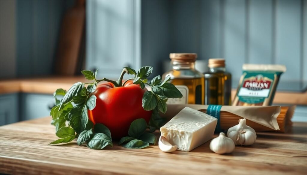 A cozy, minimal kitchen with light blue accents and wooden textures. On a wooden kitchen counter, a selection of Italian cooking essentials are neatly arranged: a bundle of fresh basil, a large, ripe tomato, a wedge of Parmesan cheese, a jar of olive oil, a pack of dried spaghetti, and a few garlic cloves. The scene is illuminated by soft, natural lighting, casting gentle shadows and highlighting the textures of the ingredients. The atmosphere is one of simplicity and culinary focus, inviting the viewer to explore the foundational elements of authentic Italian cuisine.