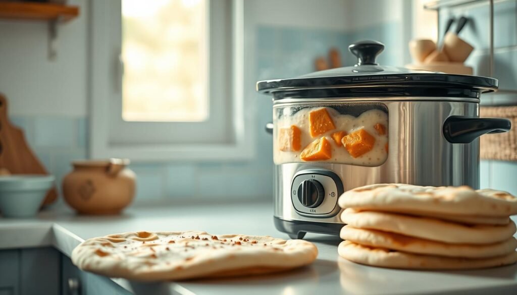 A cozy minimal kitchen with light blue accents and wooden textures. On the counter, a steaming slow cooker filled with orange-hued sweet potato chunks gently simmering in rich, creamy coconut milk. The aroma of warming spices, like cinnamon and ginger, fills the air. Nearby, a stack of fluffy naan bread waits to be dunked into the flavorful stew. The scene evokes a comforting, homemade feel, perfect for a nourishing slow-cooked dinner.