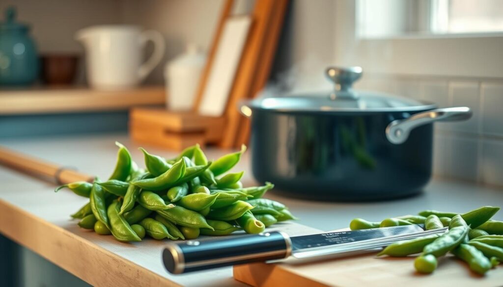 A cozy, minimal kitchen with light blue accents and wooden textures. On the counter, a steaming pot of edamame simmers gently, releasing its savory aroma. The plump, vibrant green pods glisten under soft, warm lighting, inviting a closer look. Beside the pot, a cutting board displays the careful preparation of the edamame, with a sharp knife neatly slicing through the pods to reveal their tender, protein-rich centers. The scene exudes a sense of simplicity and wholesome nourishment, capturing the essence of edamame as the star of a plant-based, Asian-inspired dish.