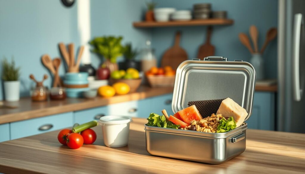 A cozy, minimal kitchen with light blue accents and wooden textures. On the counter, various meal prep containers, fresh produce, and simple kitchen tools are arranged in an organized and visually appealing manner. The lighting is soft and natural, casting a warm glow over the scene. In the foreground, a stainless steel lunchbox sits open, showcasing a variety of no-heat, teen-friendly meal options, such as fresh fruit, yogurt, granola, and veggie-based snacks. The overall atmosphere conveys the simplicity and practicality of crafting nutritious, hassle-free lunches without the need for heating.