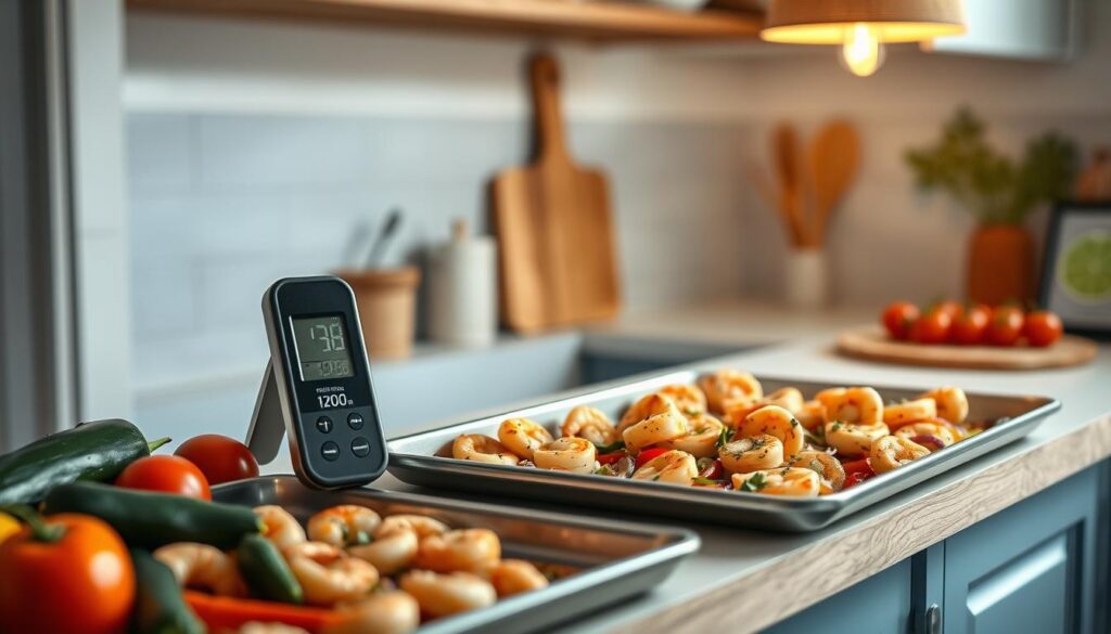 A cozy, minimal kitchen with light blue accents and wooden textures. On the countertop, a variety of Mediterranean vegetables - zucchini, eggplant, bell peppers, and tomatoes - are neatly arranged. Next to them, a sheet pan filled with shrimp, drizzled with olive oil and seasoned with herbs and spices. A digital thermometer displays the ideal cooking temperature for the shrimp, while a timer shows the recommended cooking time. The soft, warm lighting from a pendant fixture above casts a comforting glow, creating an inviting atmosphere for a delicious Mediterranean-inspired sheet pan dinner.