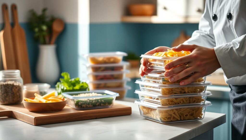 A cozy, minimal kitchen with light blue accents and wooden textures. On the countertop, an array of fresh ingredients and kitchen tools – a stack of pasta containers, a cutting board with freshly chopped vegetables, a bowl of grated cheese, and a jar of herbs. The scene is bathed in soft, natural lighting, creating a warm and inviting atmosphere. In the foreground, a chef's hands carefully arranging the containers, showcasing their expert meal prep techniques for office-friendly pasta dishes that reheat well.