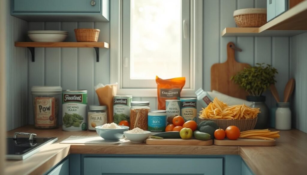 A cozy, minimal kitchen with light blue accents and wooden textures. On the countertop, an assortment of pantry staples - canned goods, dried pasta, rice, and a few fresh veggies. A gently lit scene, as if the soft afternoon sun is streaming through a nearby window. The mood is one of calm preparedness, hinting at the simple yet nourishing "emergency meal solutions" that can be crafted from these humble ingredients. The camera angle is slightly elevated, capturing the scene from a bird's eye view, emphasizing the organized and thoughtful arrangement of the kitchen's contents.