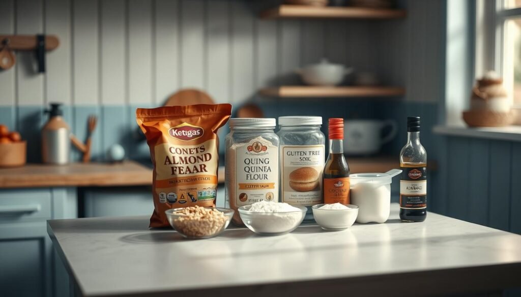 A cozy, minimal kitchen with light blue accents and wooden textures. On the countertop, an assortment of gluten-free ingredient substitutions are neatly arranged - quinoa flour, almond meal, coconut oil, and gluten-free soy sauce. The lighting is soft and diffused, creating a warm, inviting atmosphere. The camera angle is slightly elevated, capturing the scene from an overhead perspective, emphasizing the thoughtful organization of the ingredients. The mood is one of culinary exploration and mindful adaptation, reflecting the section's focus on adapting traditional recipes to meet gluten-free needs.