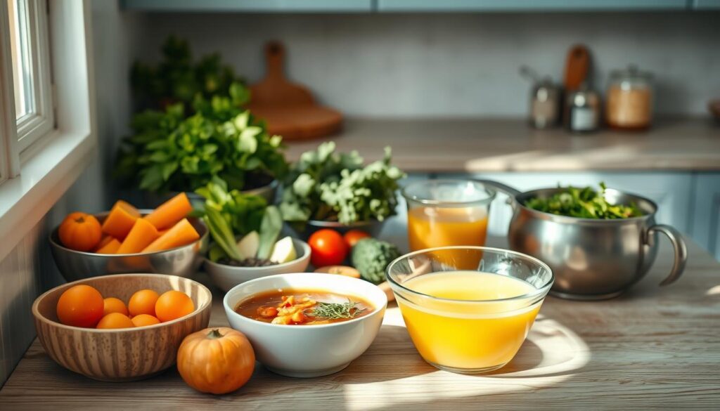A cozy, minimal kitchen with light blue accents and wooden textures. On the countertop, various bowls and containers filled with simple, hearty soup and stew ingredients - fresh vegetables, herbs, broth, and seasonings. The scene is bathed in a warm, natural light, creating a welcoming atmosphere. The camera angle is slightly elevated, capturing the effortless elegance of these easy-to-prepare, comforting meal options, perfect for a work lunch without access to a full kitchen.