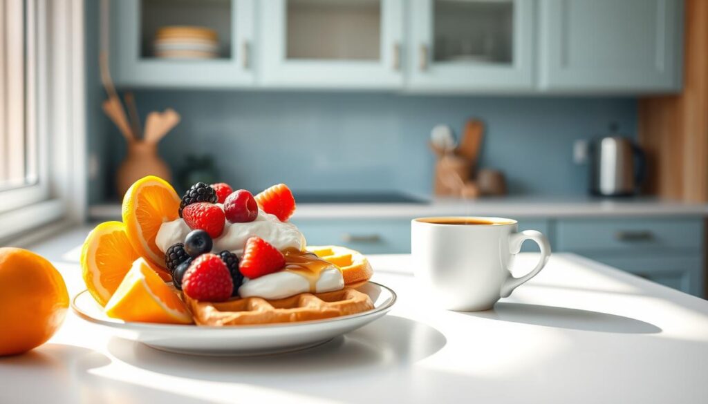 A cozy, minimal kitchen with light blue accents and wooden textures. On the pristine countertop, a balanced breakfast artfully arranged: juicy orange slices, creamy yogurt with vibrant berries, a golden waffle topped with maple syrup, and a steaming mug of aromatic coffee. Sunlight filters through the window, casting a warm glow on the scene. The composition highlights the essential nutrients - carbohydrates, proteins, and healthy fats - that make this a nourishing start to the day. The image conveys a sense of simplicity, wholesomeness, and efficiency, reflecting the section title &quot;What Makes a Breakfast Healthy&quot;.