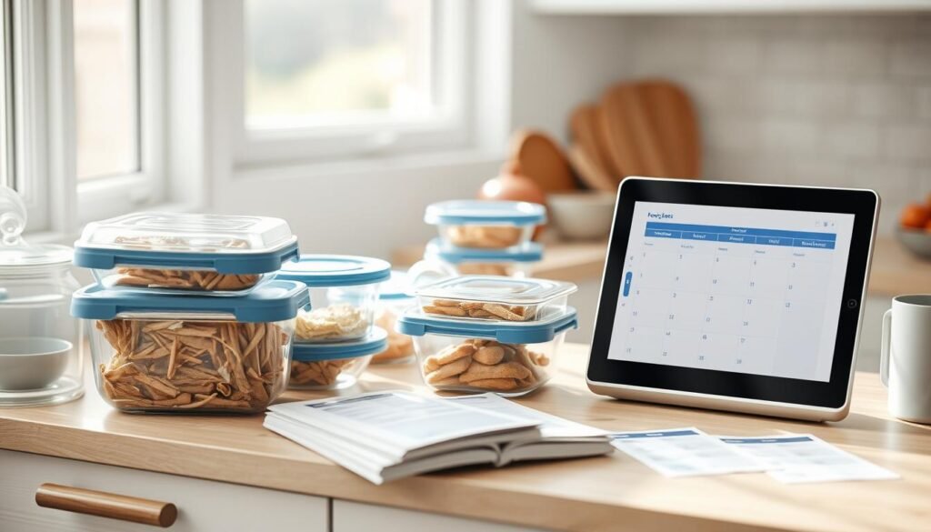 A cozy, minimal kitchen with light wood textures and soft blue accents. On the counter, an assortment of glass containers, plastic bags, and a sleek digital freezer meal planner. Carefully organized recipes and labels lie nearby, conveying a sense of organized efficiency. The scene exudes a calming atmosphere, inviting the viewer to imagine a stress-free monthly freezer meal strategy.