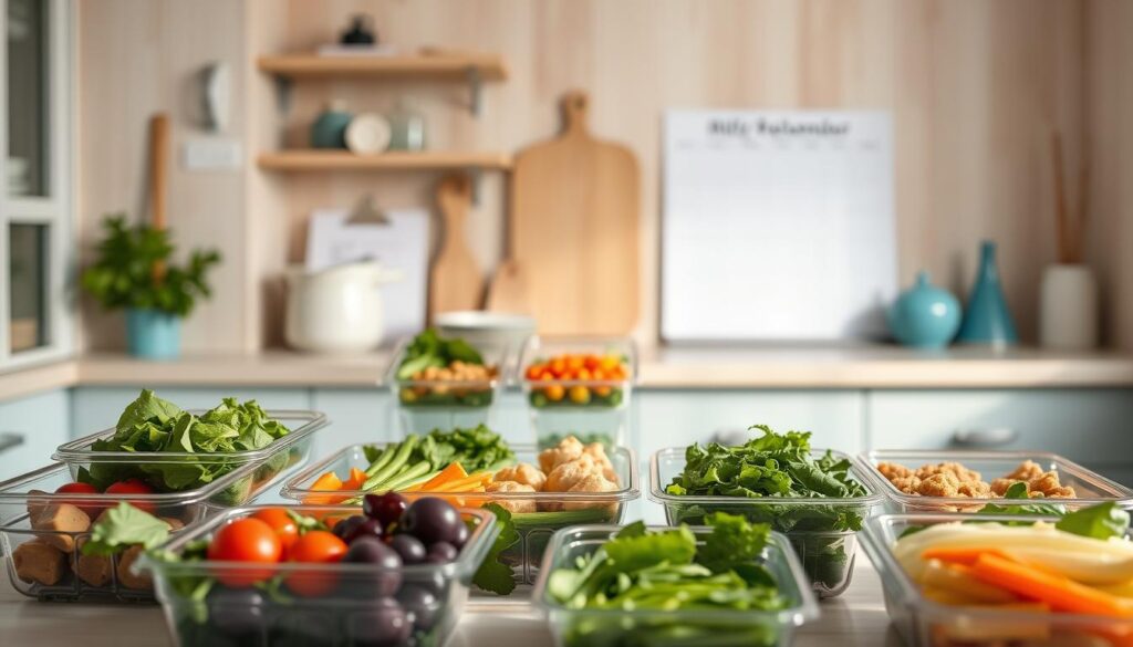 A cozy, minimal kitchen with light wooden textures and soft blue accents sets the stage for a selection of neatly arranged meal prep containers. In the foreground, a variety of fresh, vibrant ingredients like leafy greens, colorful vegetables, and lean proteins showcase how dietary preferences can be accommodated through creative, balanced meal planning. The middle ground features several meal prep containers with portion-controlled servings, emphasizing the adaptability of this approach. The background subtly hints at the weekly organization process, with a clean calendar and minimalist kitchen tools creating a sense of order and structure. Soft, diffused lighting casts a warm, inviting glow, capturing the ease and thoughtfulness of adapting meal prep to various dietary needs.
