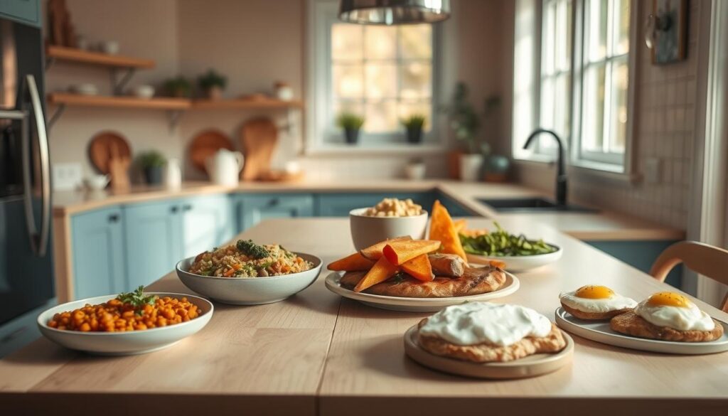 A cozy, minimal kitchen with light wooden textures and soft blue accents. On the center countertop, a variety of freshly prepared high-protein lunch dishes are artfully arranged - a hearty lentil and vegetable stew, a colorful quinoa and roasted vegetable salad, grilled chicken breast with roasted sweet potato wedges, and a creamy avocado and egg toast. The natural lighting filters in through the large windows, casting a warm, inviting glow over the nourishing meal options. The scene conveys a sense of simplicity, health, and culinary inspiration - the perfect illustration for a feature on transformative high-protein lunch recipes.