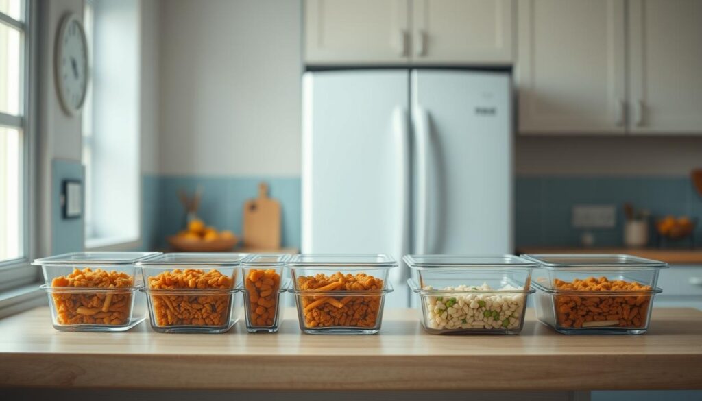 A cozy, minimal kitchen with light wooden textures and soft blue accents. On the counter, a series of clear glass containers neatly arranged, showcasing perfectly portioned freezer meals. The lighting is gentle, casting a warm glow over the scene. In the background, a clean, uncluttered fridge stands ready to store the prepared dishes. The overall atmosphere is one of organization, efficiency, and a sense of calm preparedness for quick, healthy meals. No hands are visible, allowing the storage solutions to take center stage.
