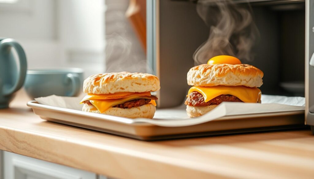 A cozy minimal kitchen with light wooden textures and soft blue accents. On the counter, two golden-brown breakfast sandwiches sit atop a parchment-lined baking sheet, steam rising gently as they're reheated in a toaster oven. The soft, fluffy biscuits are topped with melted cheddar, savory sausage patties, and a runny egg yolk, ready to be enjoyed for a quick, delicious morning meal. The overall scene conveys a sense of warmth, comfort, and anticipation for the satisfying breakfast to come.