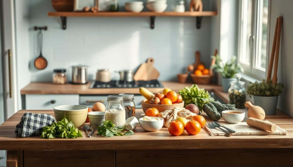 A cozy minimal kitchen with pale blue accents and warm wooden textures. An array of fresh produce, jars, and small kitchen tools are neatly arranged on a wooden countertop, creating a visually appealing composition. The lighting is soft and diffused, casting gentle shadows and highlighting the textures. The camera angle is slightly elevated, providing a birds-eye view of the scene, emphasizing the careful curation of the ingredients and tools. The overall atmosphere is one of organization, simplicity, and a thoughtful approach to recipe assembly for a no-heat lunchbox meal.