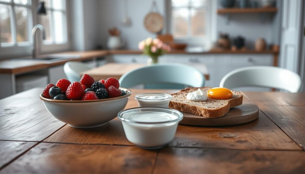 A cozy, minimal kitchen with soft natural light from large windows bathes a rustic wooden table. In the center, an arrangement of wholesome breakfast foods - a bowl of fresh berries, a slice of whole grain toast, a small cup of plain yogurt, and a hand-cracked farm egg. The scene exudes a sense of balance, health, and simple pleasure. The background features light blue accents, hinting at the tranquil mood. This image captures the benefits of a low-sugar, nutrient-rich breakfast to fuel a balanced day.