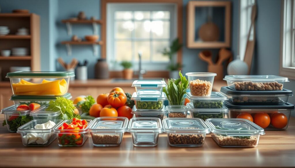 A cozy, minimal kitchen with warm wooden accents and light blue hues serves as the backdrop for an assortment of varied meal prep containers. In the foreground, a collection of rectangular, square, and round containers in a range of sizes and materials, including glass, ceramic, and BPA-free plastic, sit neatly arranged on a wooden countertop. The mid-ground features a selection of fresh, vibrant produce and herbs, hinting at the nutritious contents within the containers. Soft, natural lighting from a nearby window casts a gentle glow, creating a calming, inviting atmosphere that reflects the importance of incorporating variety and balance into one's daily meals.