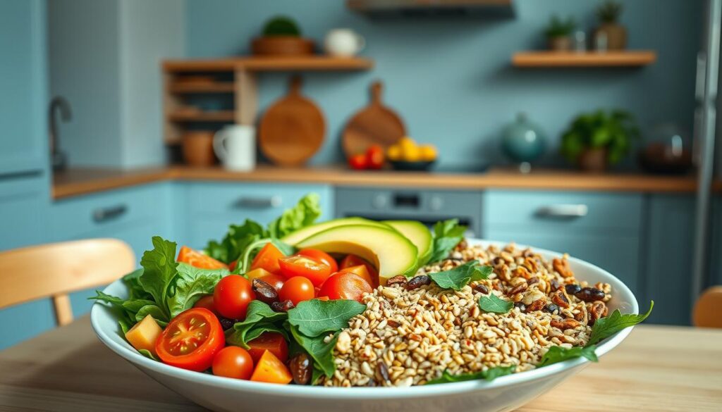 A cozy, minimal kitchen with warm wooden accents and light blue hues sets the stage for a vibrant display of creative salad bowl combinations. In the foreground, an array of fresh, colorful ingredients - crisp greens, juicy tomatoes, crunchy carrots, and creamy avocado - are artfully arranged in a sleek, modern bowl. The middle ground features a variety of grains, such as quinoa and farro, providing contrasting textures and hearty sustenance. In the background, a selection of crunchy nuts, seeds, and dried fruits add depth and complexity to the composition. The lighting is soft and natural, casting a subtle glow over the scene, while the camera angle captures the scene from a slightly elevated perspective, showcasing the dish's intricate layers and textures.