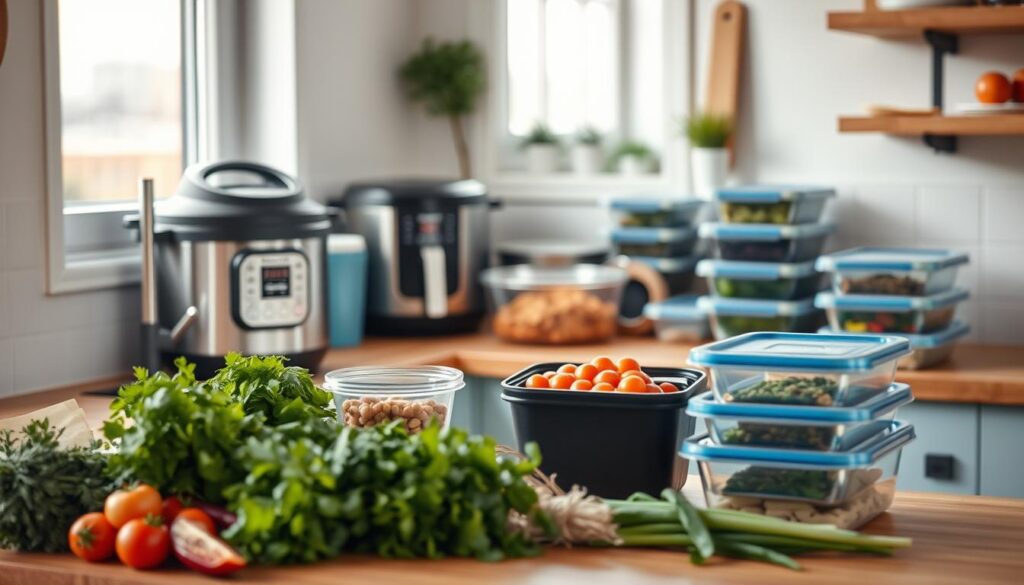 A cozy, minimal kitchen with warm wooden surfaces and light blue accents. Various meal prep gadgets and containers arranged neatly on the counter, including an Instant Pot, air fryer, and glass meal prep containers. Fresh herbs, spices, and vegetables in the foreground, suggesting a variety of healthy, time-saving meal options. Gentle, natural lighting from a window, creating a calming atmosphere. The focus is on efficiency and organization, with a sense of ease and productivity.