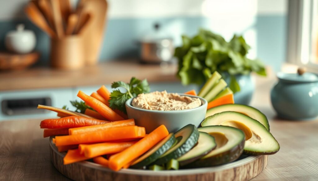 A cozy, minimal kitchen with warm wooden textures and light blue accents provides the backdrop for a carefully curated meal prep scene. An array of fresh vegetables - crisp carrots, vibrant bell peppers, and creamy avocado slices - are artfully arranged around a central bowl of rich, creamy hummus. The lighting is soft and natural, casting gentle shadows that accentuate the textures and colors of the ingredients. The composition is balanced and visually appealing, inviting the viewer to imagine assembling this nourishing, cold lunch option. No hands are present, allowing the focus to remain solely on the delectable components of the 