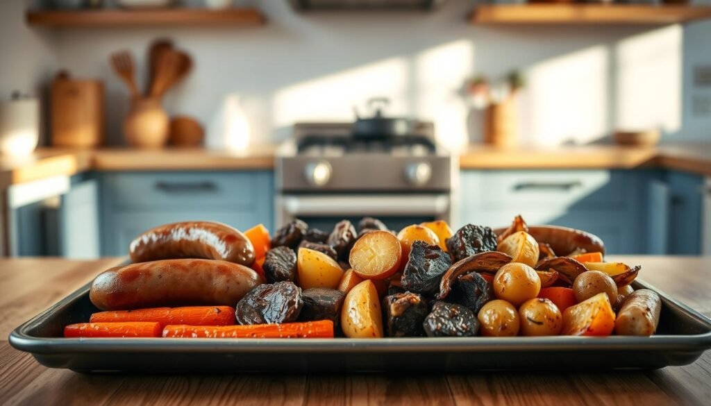A cozy, minimal kitchen with warm wooden textures and light blue accents provides the backdrop for a delectable sheet pan feast. In the foreground, plump sausages and succulent beef chunks sizzle atop a baking sheet, surrounded by an assortment of roasted vegetables - vibrant carrots, tender potatoes, and caramelized onions. The scene exudes a comforting, homey atmosphere, inviting the viewer to imagine the delightful aromas and flavors of this effortless, gluten-free meal. Soft, natural lighting casts a gentle glow, highlighting the rustic elegance of the dish. This image perfectly encapsulates the simplicity and wholesome deliciousness of the 