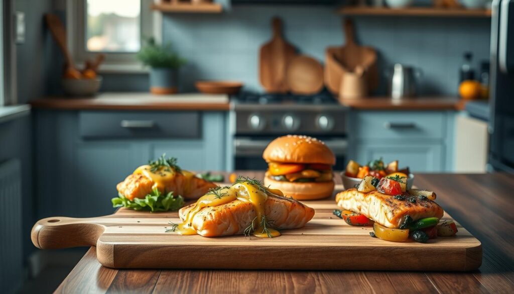 A cozy, minimal kitchen with warm wooden textures and light blue accents serves as the backdrop for a mouthwatering display of salmon meal prep recipes. Neatly arranged on a wooden cutting board, various salmon dishes await - seared salmon fillets drizzled with a vibrant lemon-dill sauce, salmon burgers seasoned with fragrant herbs, and roasted salmon with a medley of roasted vegetables. The scene is illuminated by soft, diffused lighting, casting a gentle glow and highlighting the delicate flakes of the salmon. The overall atmosphere exudes a sense of simplicity, health, and culinary inspiration, inviting the viewer to envision themselves preparing these Seafood Sensations for a delicious and nourishing dinner.