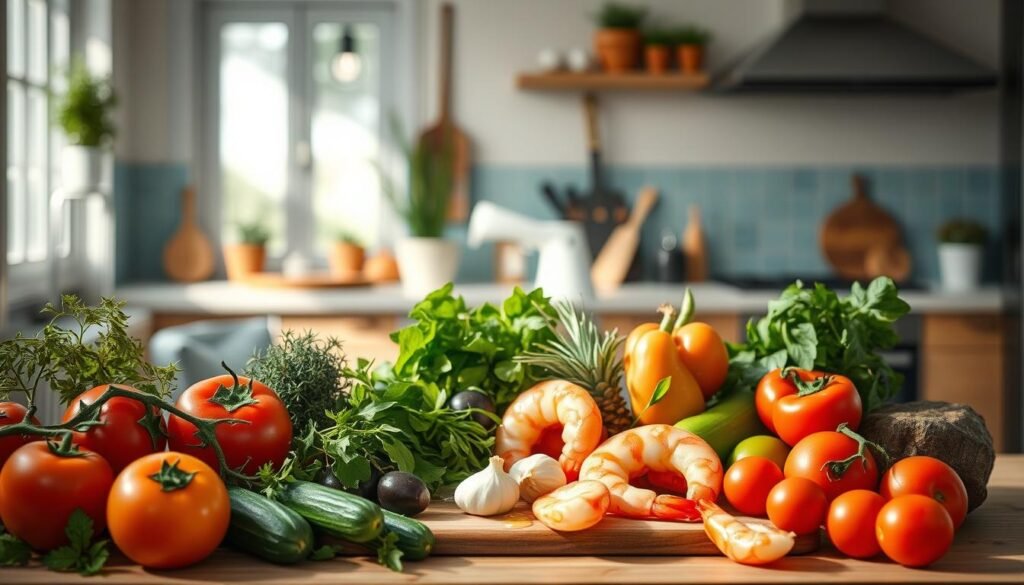 A cozy, minimal kitchen with warm wooden textures and light blue accents serves as the backdrop for a vibrant display of Mediterranean nutrition benefits. In the foreground, a selection of fresh produce - sun-ripened tomatoes, crisp cucumbers, fragrant herbs, and juicy olives - take center stage, artfully arranged to showcase their vibrant colors and textures. Soft, diffused lighting casts a gentle glow, highlighting the natural goodness of these Mediterranean staples. The mid-ground features a cutting board with a few key ingredients - succulent shrimp, fragrant garlic, and a drizzle of olive oil - hinting at the flavorful Mediterranean dish being prepared. The background maintains a sense of minimalism, allowing the nutritional bounty to shine. An overall mood of health, wellness, and the comforting flavors of the Mediterranean region permeates the scene.