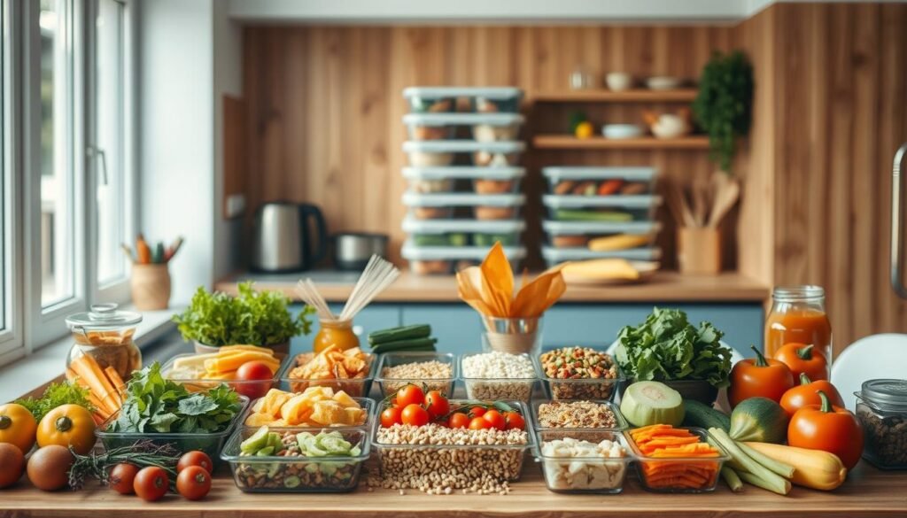 A cozy, minimal kitchen with warm wooden textures and light blue accents serves as the backdrop for an array of meal components laid out in a visually appealing manner. In the foreground, a diverse selection of fresh vegetables, grains, proteins, and condiments are arranged in clean-lined containers, inviting the viewer to envision the endless flavor combinations they could create. The mid-ground features neatly stacked meal prep containers, suggesting the versatility and meal planning aspect. Soft, diffused lighting casts a gentle glow, enhancing the appetizing nature of the ingredients and the overall atmosphere of culinary inspiration.