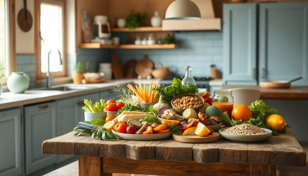 A cozy, minimal kitchen with warm wooden textures and light blue accents serves as the backdrop for a seasonal cold lunch spread. On a rustic wooden table, various fresh and vibrant ingredients are arranged, including crisp vegetables, juicy fruits, savory proteins, and hearty whole grains. The lighting is soft and natural, casting a gentle glow on the scene. The composition draws the eye to the center, where the seasonal cold lunch items are displayed in an inviting, visually appealing manner, suggesting a balance of flavors and textures. The atmosphere is one of simplicity, nourishment, and the comforts of home.