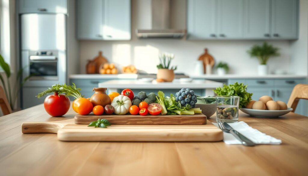 A cozy, minimal kitchen with warm wooden textures and light blue accents serves as the backdrop for a meticulously arranged family meal. In the foreground, a variety of fresh, colorful ingredients are artfully presented on a wooden cutting board, creating a visually appealing and appetizing display. The middle ground features a simple, elegant table setting with clean lines and a touch of greenery, suggesting a sense of thoughtful design. Soft, natural lighting casts a gentle glow, highlighting the textures and hues of the scene. The overall atmosphere conveys a sense of calm, creativity, and a celebration of the joy of nourishing one's loved ones.