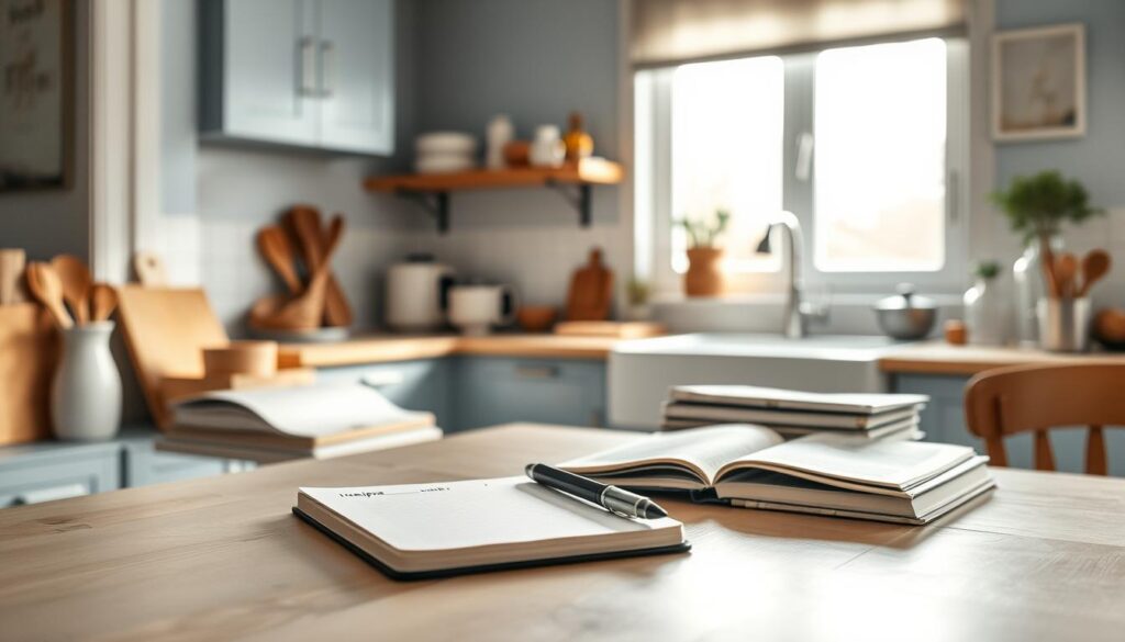 A cozy, minimal kitchen with warm wooden textures and light blue accents serves as the backdrop for an organized weekly menu planning session. On a clean, clutter-free counter, a notebook and pen lie ready to capture meal ideas. A variety of recipe books and kitchen utensils suggest the process of carefully curating and prepping a week's worth of healthy, delicious dinners. The overall atmosphere is one of intentionality and efficiency, with natural light filtering in through a nearby window, casting a soft, inviting glow over the scene.