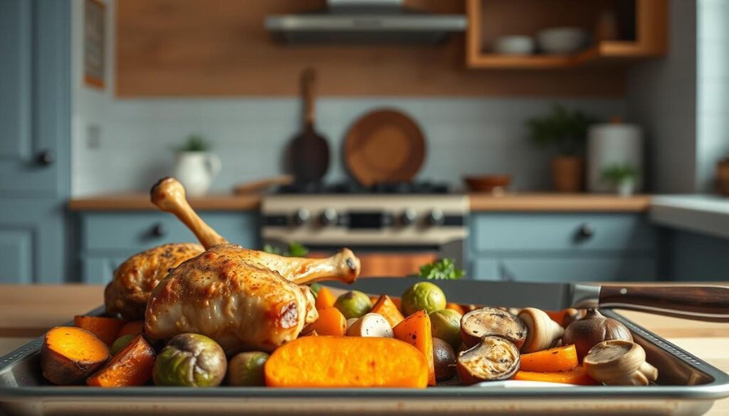 A cozy, minimal kitchen with warm wooden textures and light blue accents serves as the setting for a mouthwatering display of sheet pan chicken recipes. In the foreground, juicy chicken thighs and drumsticks are arranged atop a baking sheet alongside an assortment of vibrant vegetables - roasted Brussels sprouts, sweet potato wedges, and button mushrooms. The middle ground features a few essential kitchen tools, such as a sleek, stainless-steel knife and a sprinkling of fresh herbs. The background maintains a clean, uncluttered aesthetic, allowing the focus to remain on the tantalizing culinary creations. Soft, diffused lighting casts a warm glow over the scene, inviting the viewer to imagine the delectable flavors and aromas.