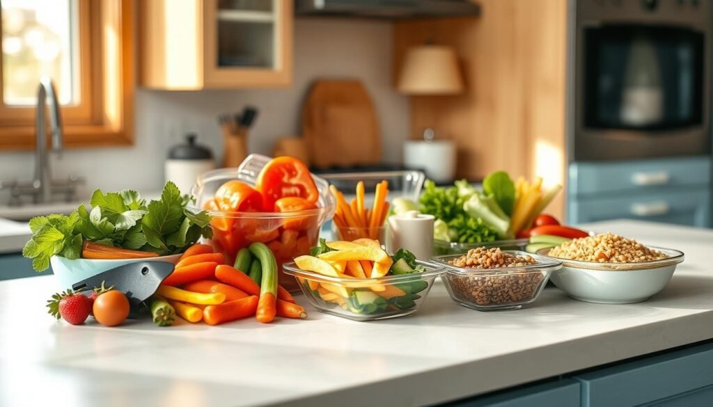 A cozy, minimal kitchen with warm wooden textures and light blue accents sets the scene. On the counter, an array of freshly prepared meal components - colorful vegetables, lean proteins, and whole grains - are neatly organized, conveying the benefits of make-ahead lunch meal prep: convenience, nutrition, and time-saving. The soft, directional lighting casts a gentle glow, highlighting the vibrant hues and inviting the viewer to envision the satisfying, balanced meals that can be easily assembled from these pre-prepped ingredients. The absence of hands emphasizes the thoughtful preparation and the ready-to-go nature of this meal prep setup.