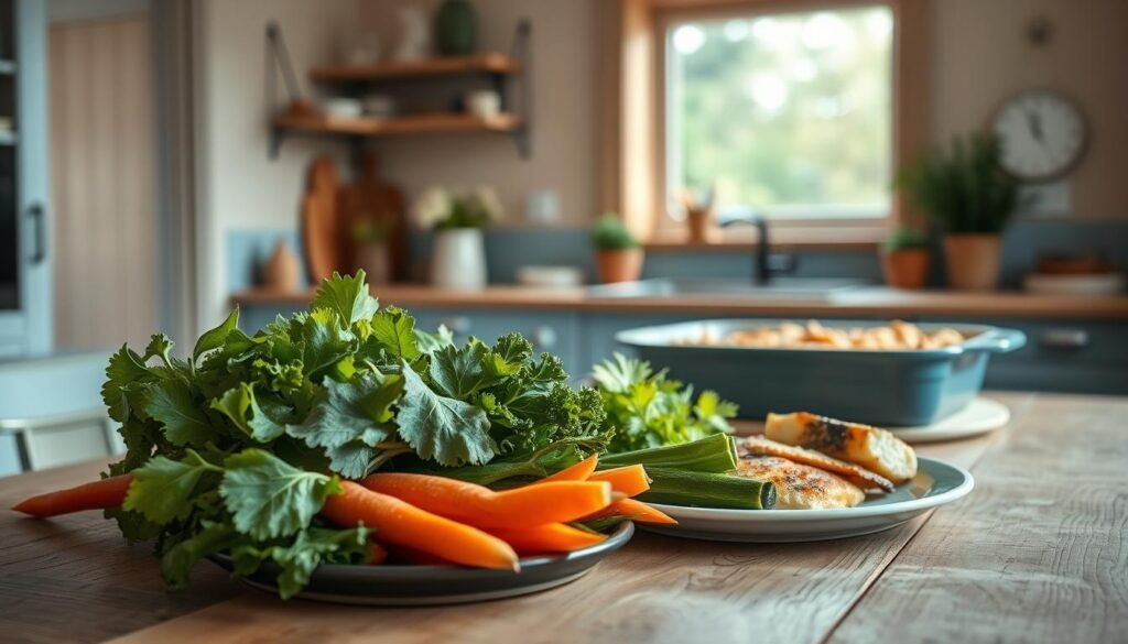 A cozy, minimal kitchen with warm wooden textures and light blue accents sets the stage for a family gathering around a nourishing meal. In the foreground, an array of fresh vegetables - vibrant leafy greens, crisp carrots, and tender zucchini - are artfully arranged on a rustic wooden table, complemented by a plate of lean protein, perhaps grilled chicken or baked fish. The mid-ground features a casserole dish, its golden-brown crust hinting at a hearty, wholesome dish, while the background reveals a window overlooking a peaceful garden, bathed in the soft, diffused light of the afternoon sun. The scene exudes a sense of balance, comfort, and a celebration of the simple pleasures of a well-prepared, nutritious family meal.